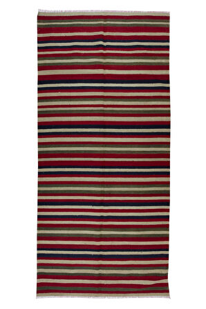 145x297 cm Renkli Çizgili El Dokuma Eski Anadolu Kilim Halısı, 'Düz Dokuma', %100 Yün