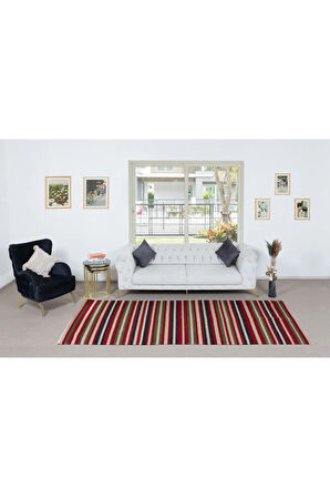 145x297 cm Renkli Çizgili El Dokuma Eski Anadolu Kilim Halısı, 'Düz Dokuma', %100 Yün