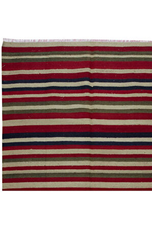 145x297 cm Renkli Çizgili El Dokuma Eski Anadolu Kilim Halısı, 'Düz Dokuma', %100 Yün