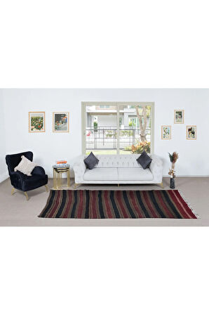 156x330 cm El Dokuma Çizgili Anadolu Kilim Halısı, Düz Dokuma Eski Halı %100 Yün