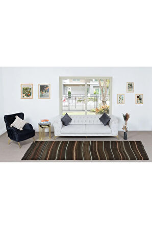 130x370 cm El Dokuma Çizgili Anadolu Kilimi Yolluk, Düz Dokuma Eski Yün Koridor Halısı