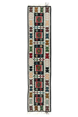 66x287 cm Düz Dokuma Renkli Dar Yolluk Kilim, El Dokuma Geometrik Türk Koridor Halısı