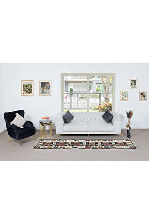 66x287 cm Düz Dokuma Renkli Dar Yolluk Kilim, El Dokuma Geometrik Türk Koridor Halısı