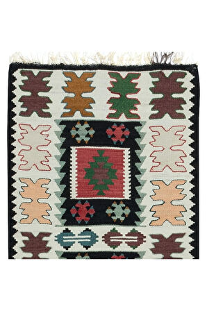 66x287 cm Düz Dokuma Renkli Dar Yolluk Kilim, El Dokuma Geometrik Türk Koridor Halısı