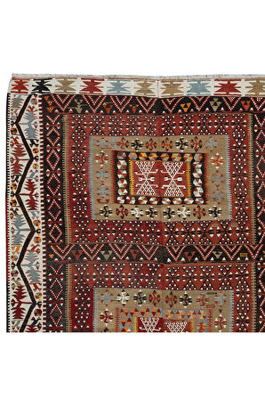 170x335 cm Eski Çizgili El Dokuma Türk Kilimi Geometrik Desenli 'Düz Dokuma', Tamamı Yün