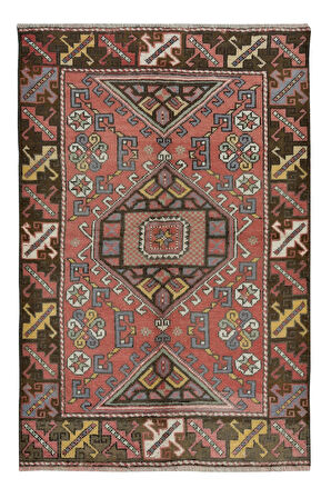 119x173 cm El Yapımı Geometrik Madalyon Tasarımlı Halı, 1960'lardan Halı, Eski Türk Kırmızı Halı