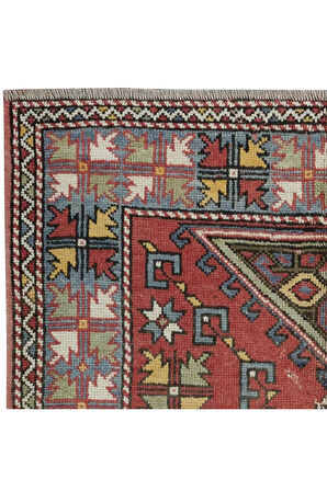 124x175 cm El Yapımı Geometrik Madalyon Tasarımlı Halı, 1960'lardan Halı, Eski Türk Kırmızı Halı