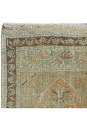 50x92 cm Sessiz Renklerde Eski Uşak Küçük Halı. El yapımı paspas veya banyo paspası. 60 Yıllık Halı
