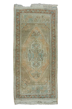 50x103 cm Soluk Eski Uşak Küçük Halı. El Yapımı Paspas, Hamam Paspası, Mutfak Küçük Boy Halı