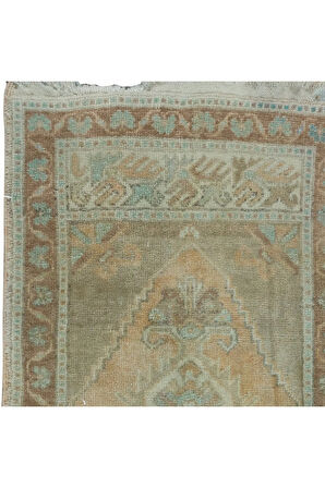 50x103 cm Soluk Eski Uşak Küçük Halı. El Yapımı Paspas, Hamam Paspası, Mutfak Küçük Boy Halı