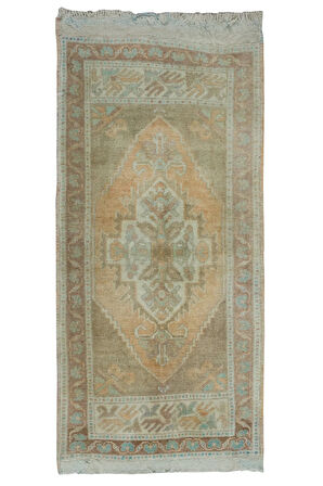 50x98 cm Solmuş Orta Yüzyıl Uşak Küçük Halı, El Yapımı Paspas, Bej Türk Hamam Paspası