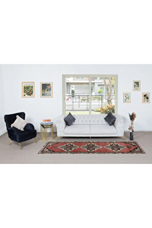 88x313 cm Renkli Madalyonlu Kırmızı El Düğümlü Eski Koridor Halısı