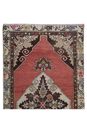 88x313 cm Renkli Madalyonlu Kırmızı El Düğümlü Eski Koridor Halısı