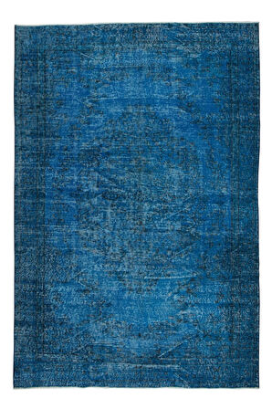 169x248 cm Yenilenmiş Mavi El Yapımı Halı, Modern Yün ve Pamuktan Yapılmış Eski Halı