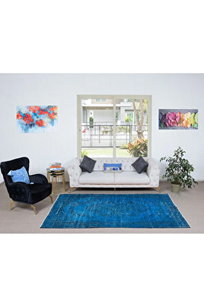 169x248 cm Yenilenmiş Mavi El Yapımı Halı, Modern Yün ve Pamuktan Yapılmış Eski Halı