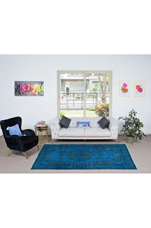160x273 cm Mavi Renkli El Dokuması Halı, Yenilenmiş Modern Türk Halısı