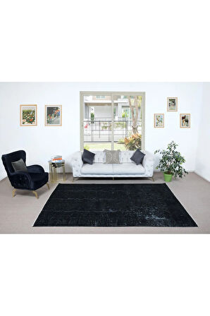 208x297 cm El Dokuması Büyük Halı, Düz Siyah Modern Halı, El Yapımı Yünlü Halı