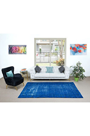 178x254 cm Mavi Tonlarda El Dokuması Halı, Modern El Düğümlü Halı, Eski Türk Halısı