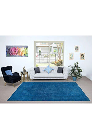 210x313 cm Mavi Oturma Odası Halısı, Yenilenmiş Türk Halısı, El Düğümlü Alan Halısı