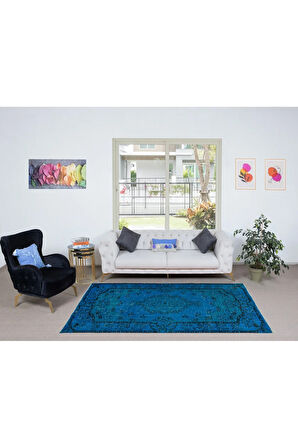 159x278 cm El Yapımı Türk Halısı, Mavi El Dokuması Halı, Modern Yünlü Halı