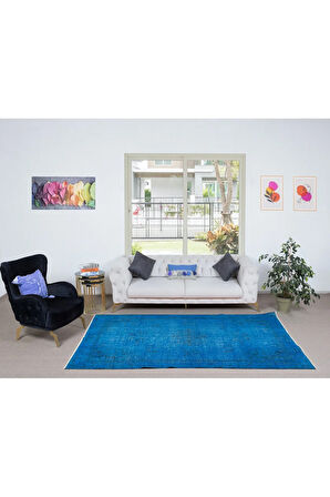 165x268 cm Mavi Salon Halısı, El Dokuması Yünlü Türk Halısı, Pamuklu Alan Halısı