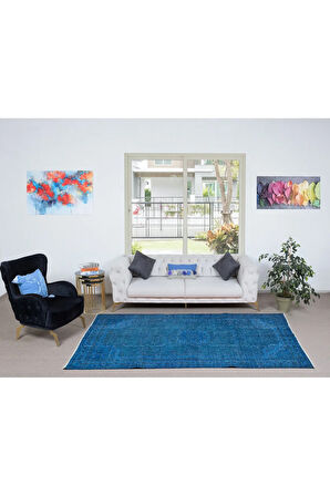 168x275 cm Modern Ev Dekoru Halı, Mavi El Yapımı Halı, Geleneksel Yünlü Halı