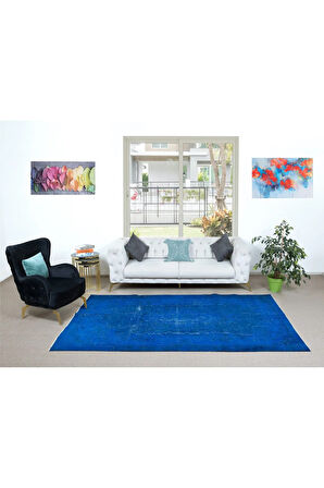 186x298 cm Yenilenmiş Mavi El Yapımı Halı, Modern Yün ve Pamuktan Yapılmış Eski Halı