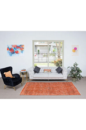 150x260 cm El Yapımı Turuncu Halı, El Dokuması Eski Halı, Yenilenmiş Türk Halısı