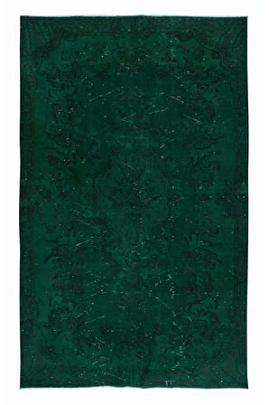 160x250 cm Eski El Yapımı Türk İşi Halı, Modern El Dokuma Yeşil Halı