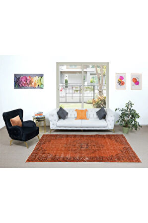 190x290 cm Turuncu Halı, Yenilenmiş El Dokuma Halı, El Yapımı Halı, El Düğümlü Modern Halı
