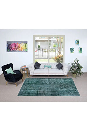 157x262 cm Yeşil Tonlarda El Dokuması Halı, Modern El Düğümlü Halı, Eski Türk Halısı