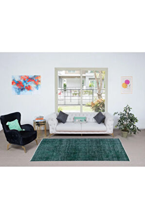 155x260 cm Yeşil Oturma Odası Halısı, Yenilenmiş Türk Halısı, El Düğümlü Alan Halısı