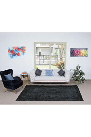 171x278 cm Kömür Grisi ve Siyah Tonlarda El Yapımı Halı, El Düğümlü Mutfak Halısı
