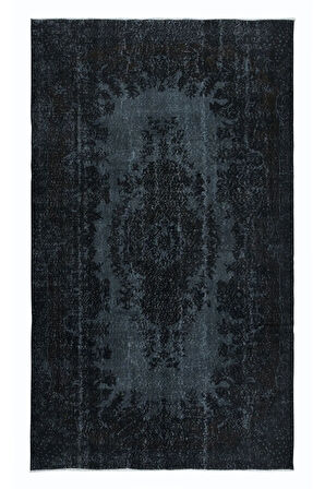 167x276 cm Yenilenmiş Siyah El Yapımı Halı, Madalyon Desenli Eski Halı