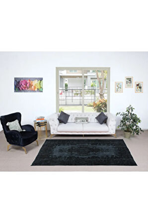 167x276 cm Yenilenmiş Siyah El Yapımı Halı, Madalyon Desenli Eski Halı