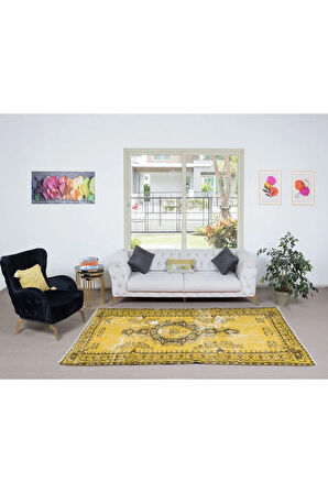162x263 cm Çağdaş Sarı El Yapımı Halı, Yeniden Boyanmış Türk Halısı
