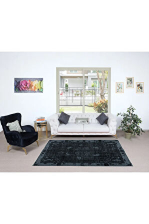 164x233 cm Gri & Siyah Tonlarda Yenilenmiş El Dokuması Halı, Modern Alan Halısı
