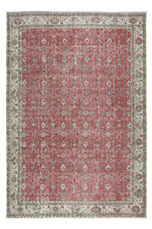 219x323 cm Tamamı Çiçek Desenli, Kırmızı ve Bej Eski El Yapımı Türk Halısı