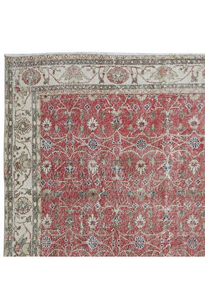 219x323 cm Tamamı Çiçek Desenli, Kırmızı ve Bej Eski El Yapımı Türk Halısı