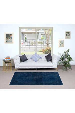 120x206 cm Lacivert Renkli El Dokuması Halı, Yenilenmiş Modern Lacivert Küçük Halı