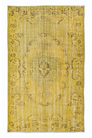 164x261 cm Sarı Halı, Yenilenmiş Türk Halısı, Modern El Dokuması Halı