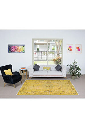 164x261 cm Sarı Halı, Yenilenmiş Türk Halısı, Modern El Dokuması Halı