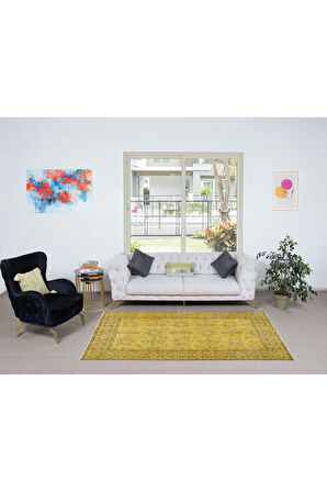 153x260 cm Sarı Modern El Düğümlü Halı, Yenilenmiş El Dokuma Halı