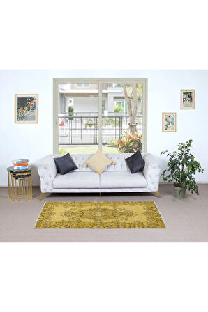 106x210 cm El dokuması Türk işi Halı, Yünlü El yapımı Sarı Halı