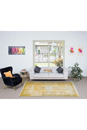 161x273 cm Modern Ev Dekoru El Dokuması Sarı Türk Halısı, Yünlü Oturma Odası Halısı