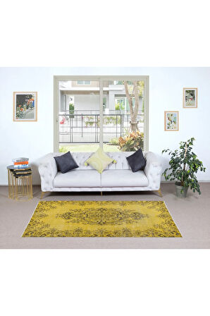 122x216 cm Çağdaş Sarı El Yapımı Halı, Yeniden Boyanmış Türk Halısı