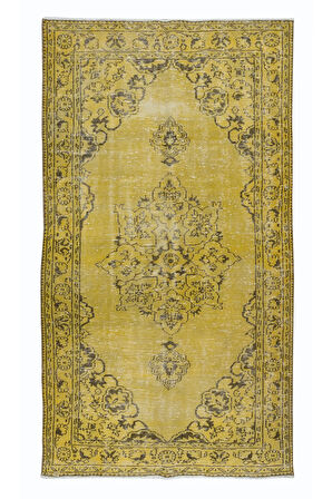 152x270 cm Decorative Sarı El Dokuması Halı, Yeniden Boyanmış Eski Halı