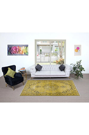 152x270 cm Decorative Sarı El Dokuması Halı, Yeniden Boyanmış Eski Halı