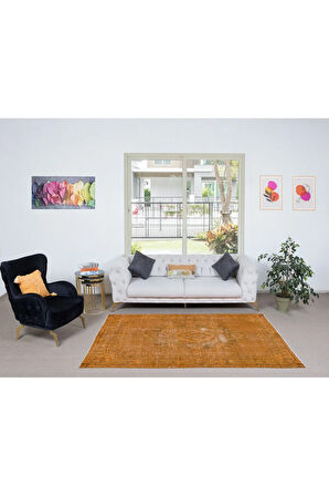 160x238 cm El Yapımı Turuncu Halı, El Dokuması Eski Halı, Modern Türk Halısı