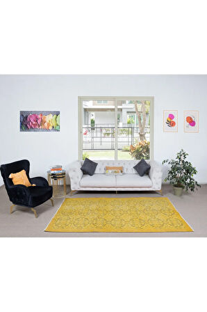 161x258 cm Sarı Halı, Yenilenmiş Türk Halısı, Modern El Dokuması Halı
